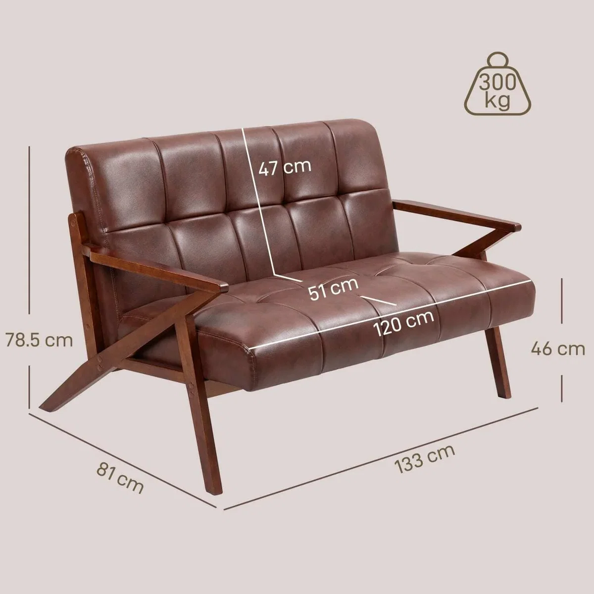 Kara Faux Leather Brown Compact 2-Seater Sofa with Tufted Back – image 5