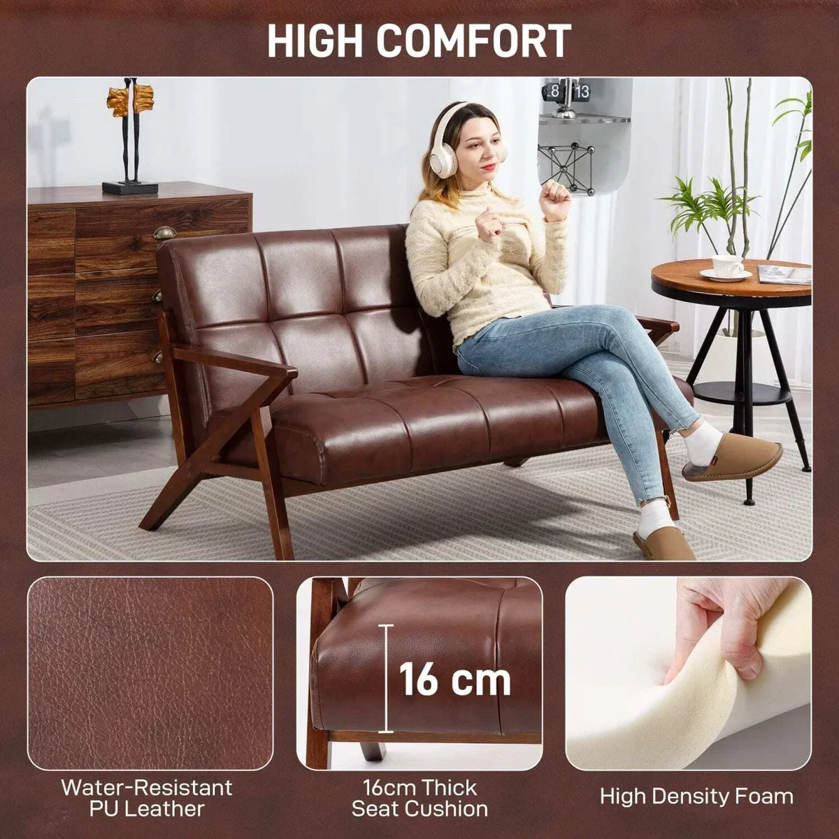 Kara Faux Leather Brown Compact 2-Seater Sofa with Tufted Back – image 6