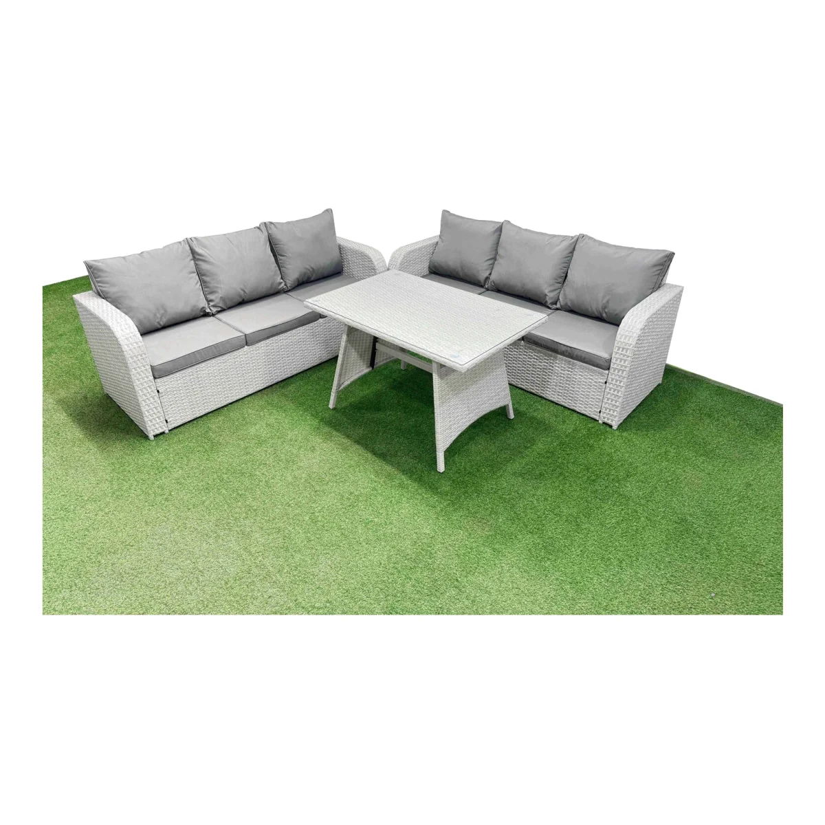 Fimous Patio Dining & 6-Seater Rattan Lounge Sofa Set Light Grey - Light grey rattan + dark grey fabric – image 1