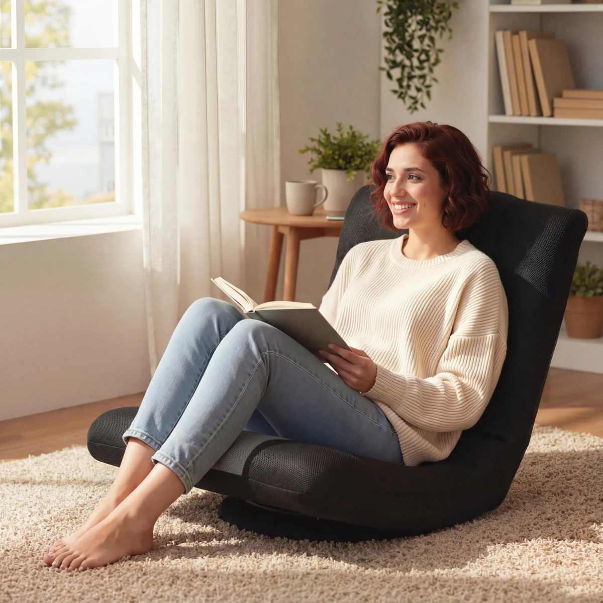 HOMCOM Folding Floor Chair Sofa with Adjustable Backrest Wide Seat - Black – image 1