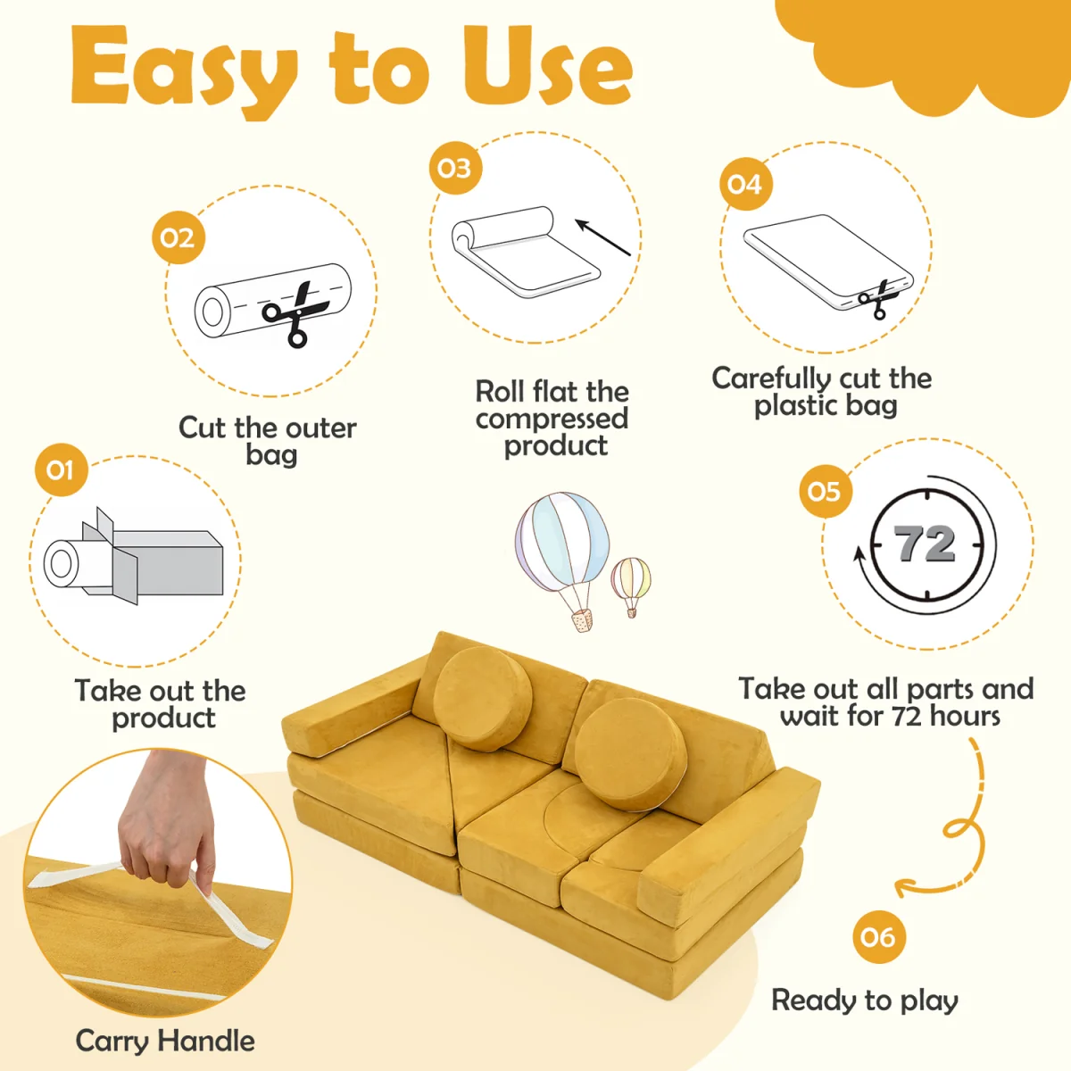 14 PCS Modular Kids Play Couch Sectional Sofa - Yellow – image 5