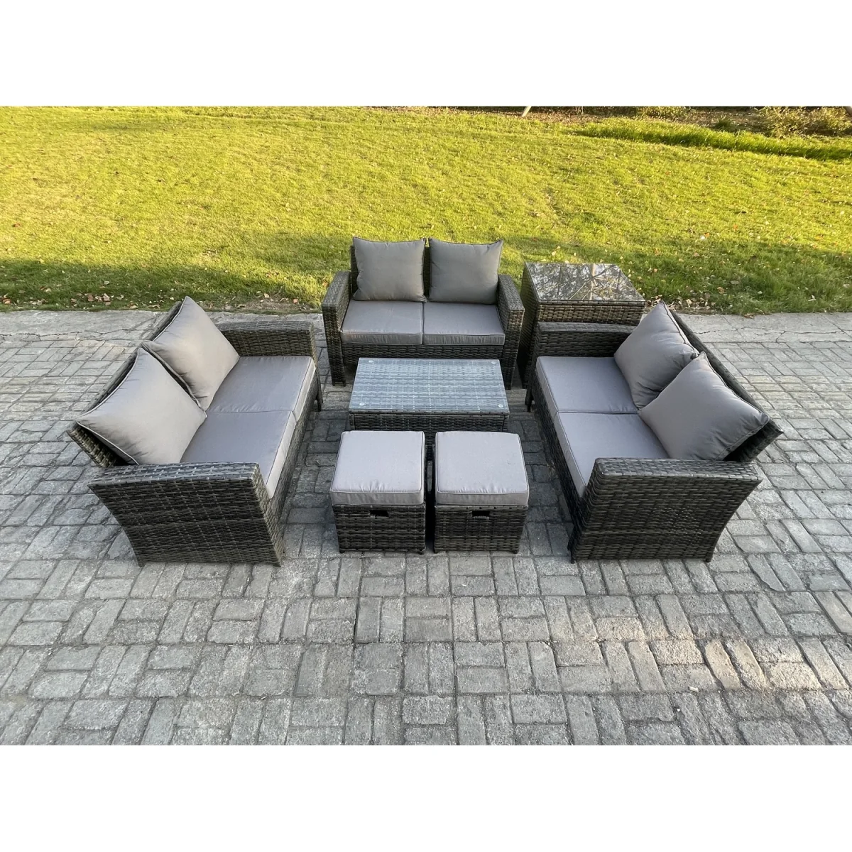 Fimous 7pc Rattan Patio Sofa Set with Side Table and Footstools Dark Grey Mixed - Dark grey mixed rattan with dark grey fabric – image 4
