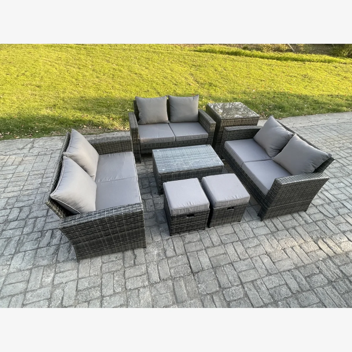 Fimous 7pc Rattan Patio Sofa Set with Side Table and Footstools Dark Grey Mixed - Dark grey mixed rattan with dark grey fabric – image 1