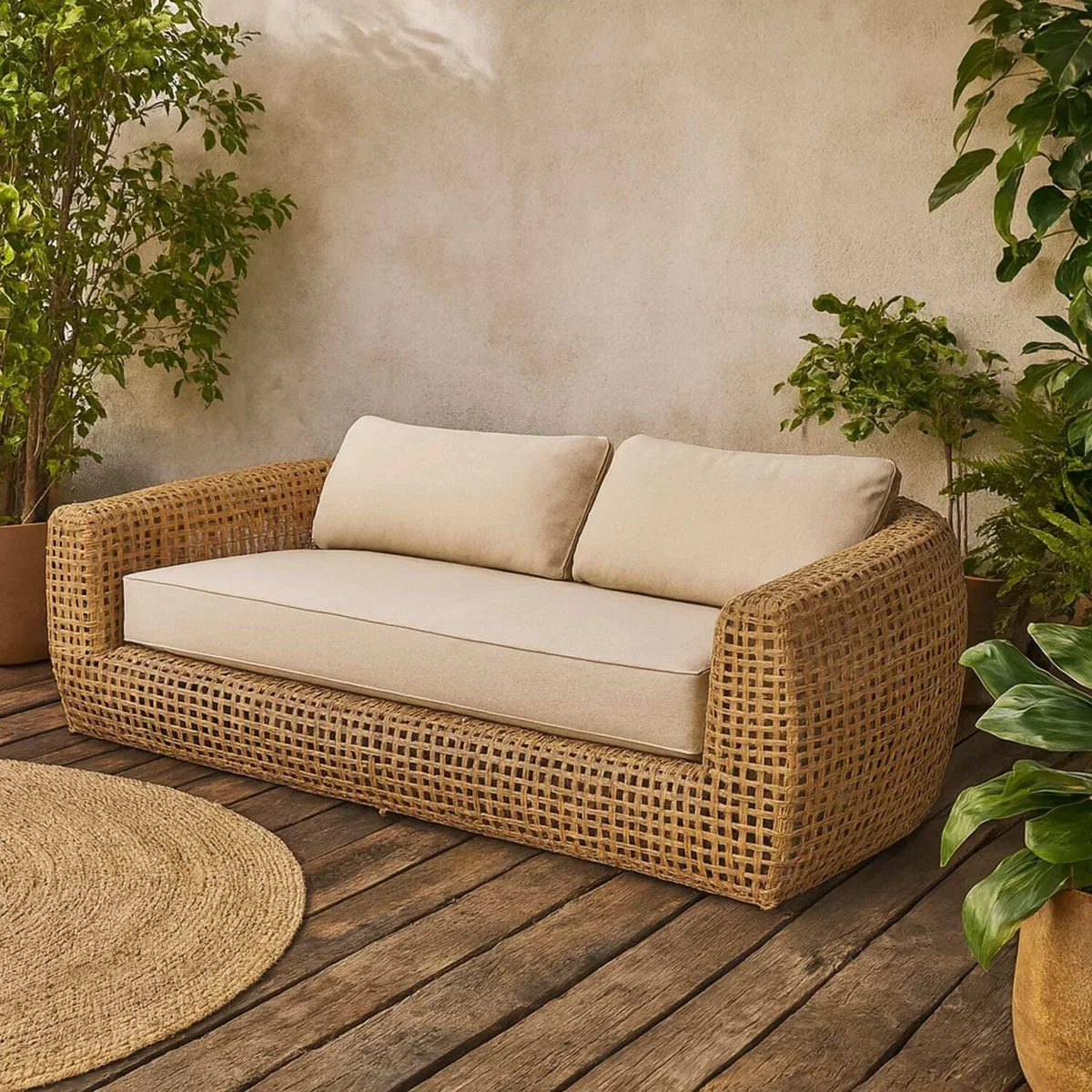 Sardinia 2 Seater Natural Rattan Sofa with Cushions – image 1