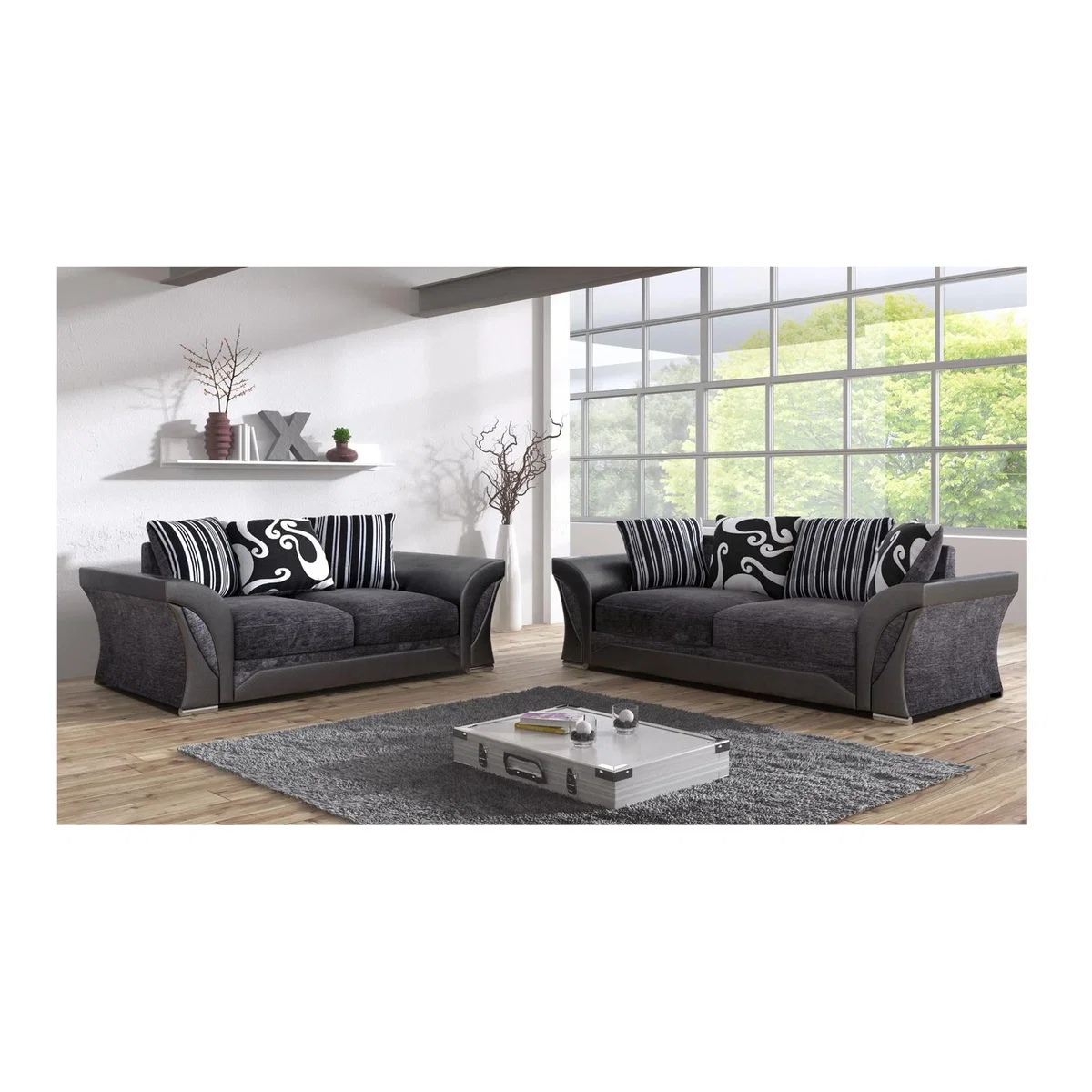 Lorenza Shannon 3 and 2 Seater Sofa Set Grey Black - Grey & Black / 130kg