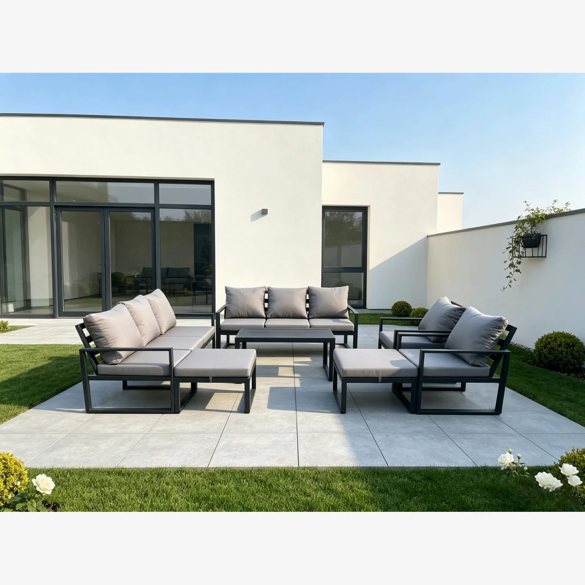 Fimous Aluminium Lounge Sofa Set 2 Chairs, Oblong Coffee Table & 2 Stools - Dark grey
