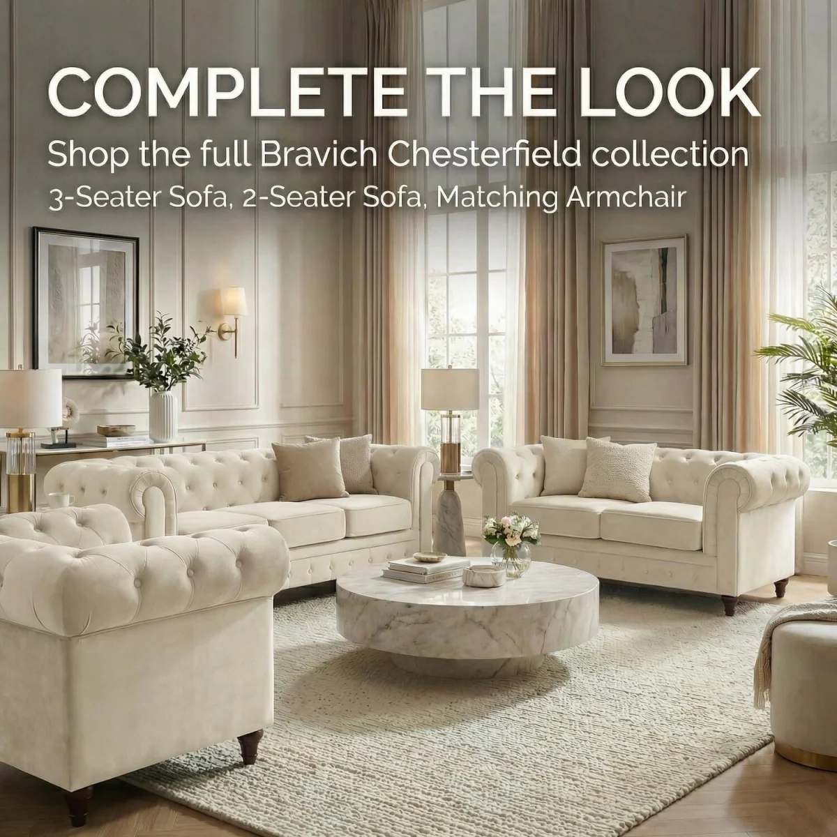 Chesterfield Scroll Arm Velvet Sofa - Beige / 3 – image 3