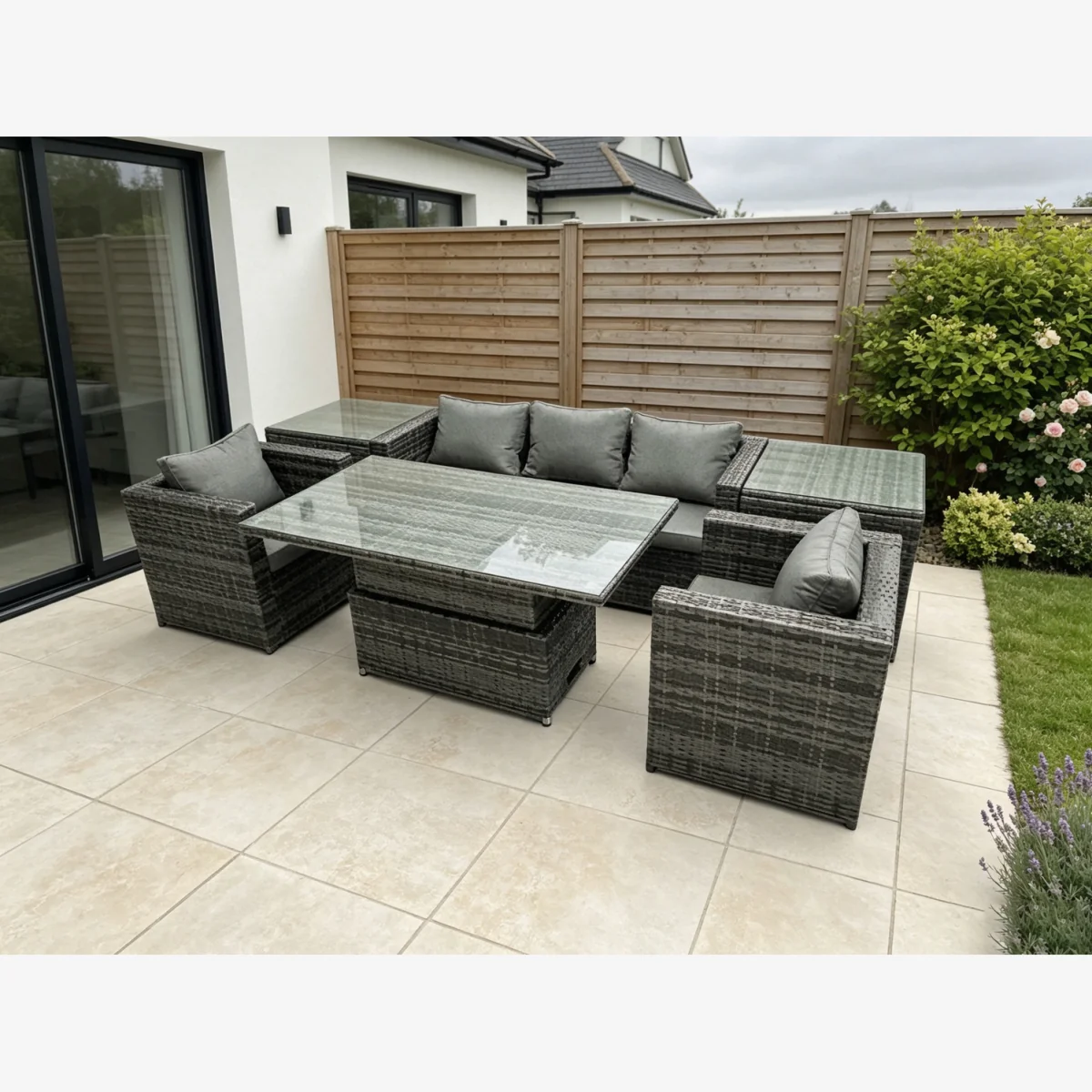 Fimous Rattan Sofa Set with Rising Dining Table, Armchairs,Side Tables - Dark Grey