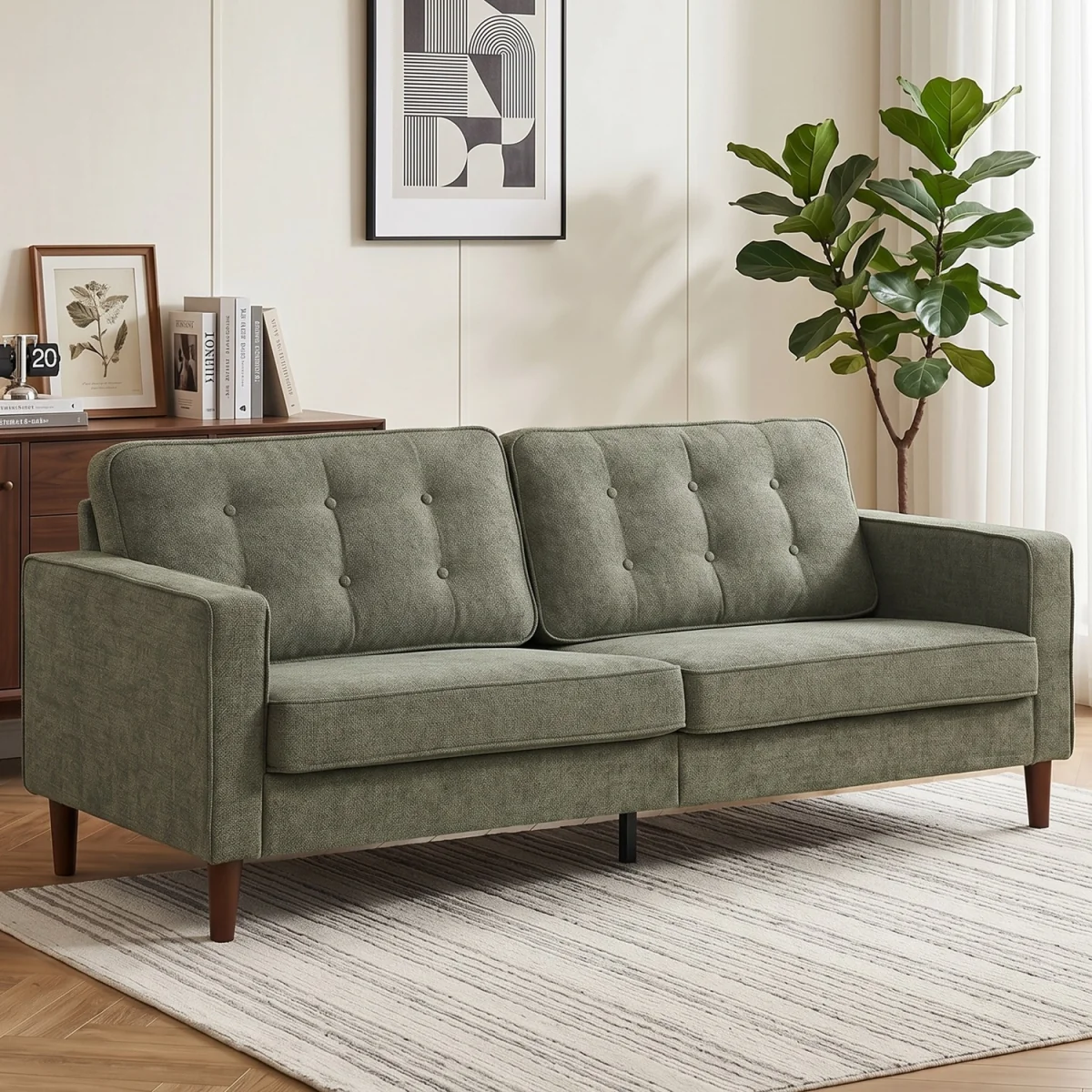 HOMCOM 3 Seater Sofa with Button Tufting Wood Legs - Green – image 2