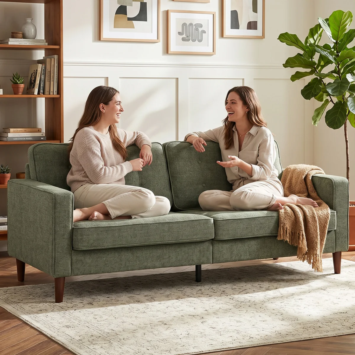 HOMCOM 3 Seater Sofa with Button Tufting Wood Legs - Green – image 3