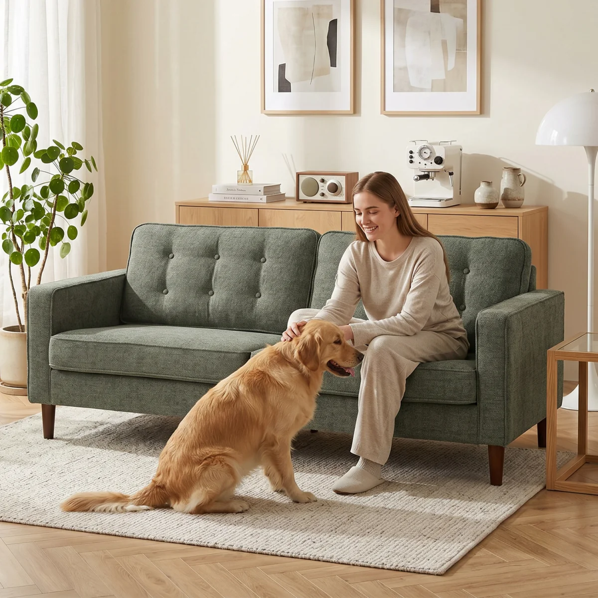 HOMCOM 3 Seater Sofa with Button Tufting Wood Legs - Green – image 4