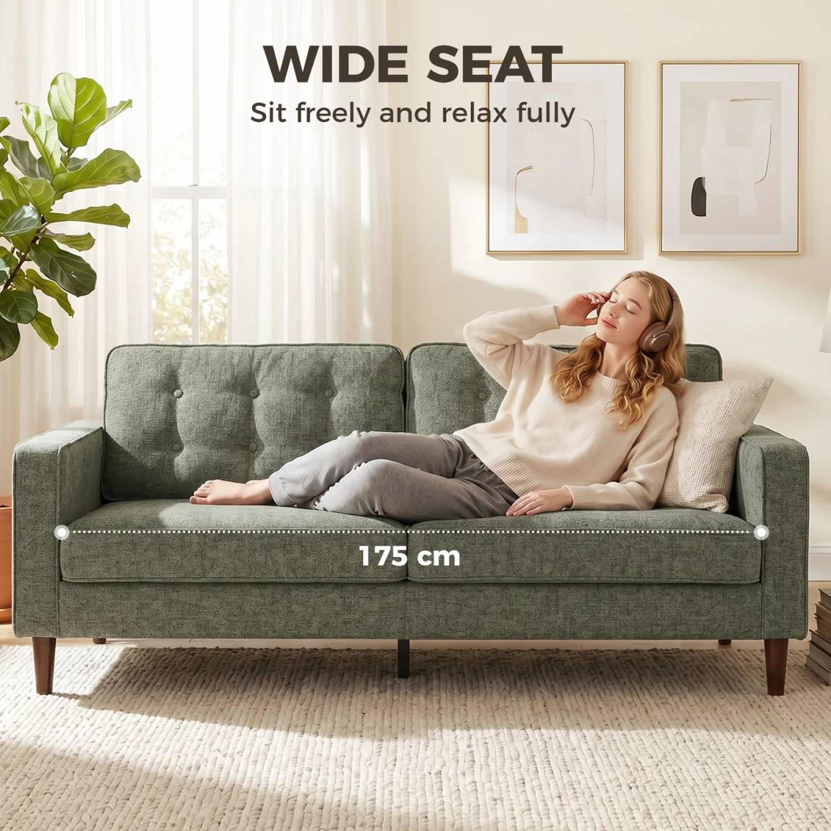 HOMCOM 3 Seater Sofa with Button Tufting Wood Legs - Green – image 6