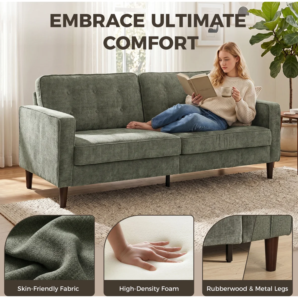 HOMCOM 3 Seater Sofa with Button Tufting Wood Legs - Green – image 7