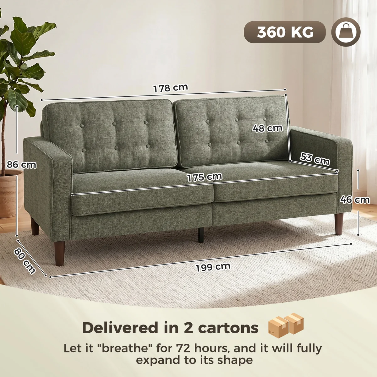 HOMCOM 3 Seater Sofa with Button Tufting Wood Legs - Green – image 8