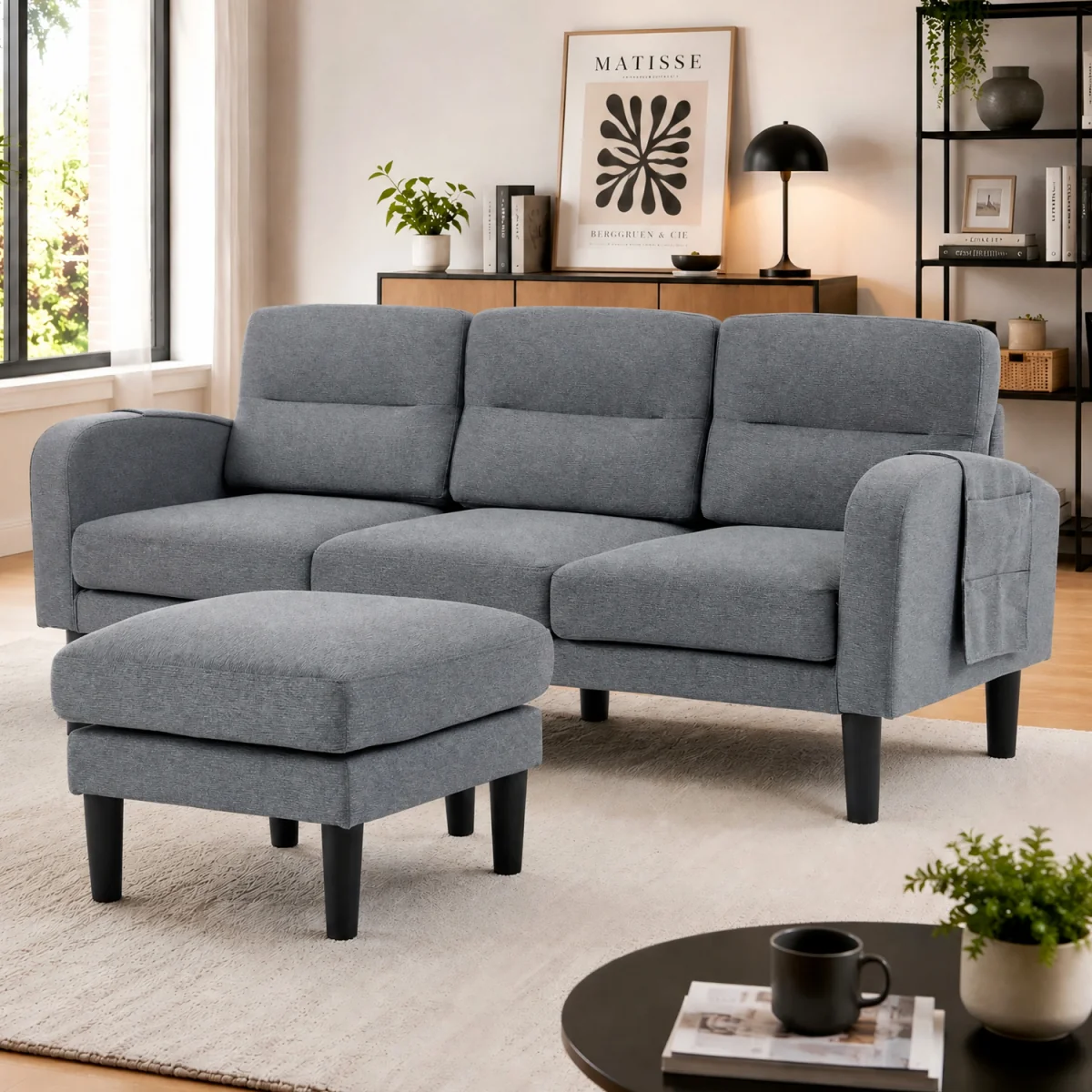 Grey Cotton and Linen L-Shaped Modular 3 Seater Sofa with Chaise Lounge and Side Storage Pockets - Grey – image 2