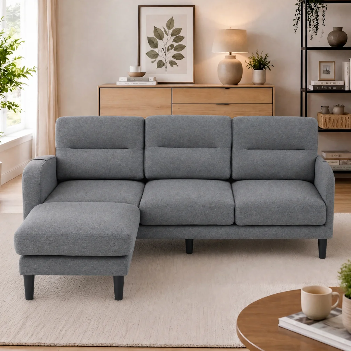 Grey Cotton and Linen L-Shaped Modular 3 Seater Sofa with Chaise Lounge and Side Storage Pockets - Grey – image 3