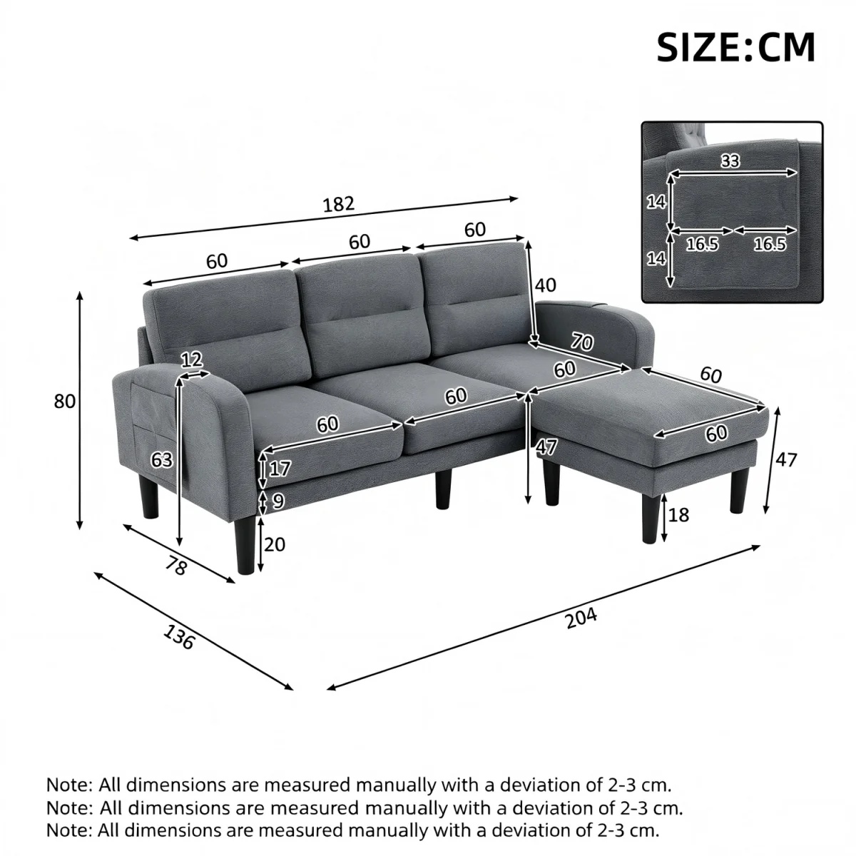 Grey Cotton and Linen L-Shaped Modular 3 Seater Sofa with Chaise Lounge and Side Storage Pockets - Grey – image 4