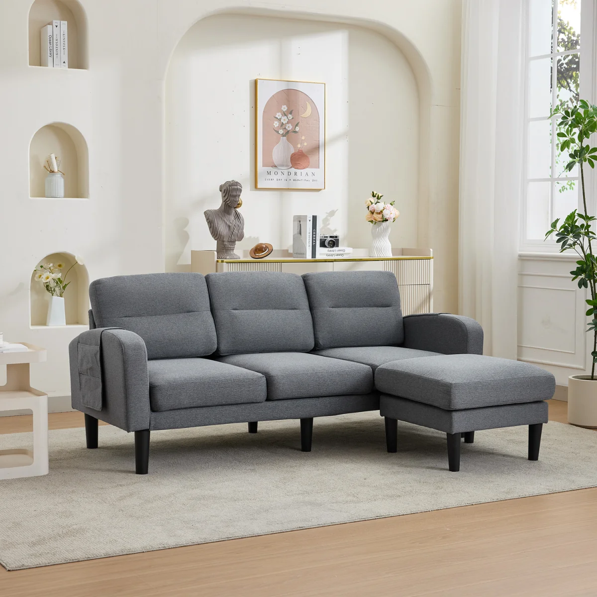 Grey Cotton and Linen L-Shaped Modular 3 Seater Sofa with Chaise Lounge and Side Storage Pockets - Grey – image 5