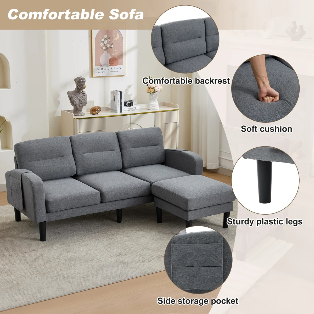 Grey Cotton and Linen L-Shaped Modular 3 Seater Sofa with Chaise Lounge and Side Storage Pockets - Grey – image 6