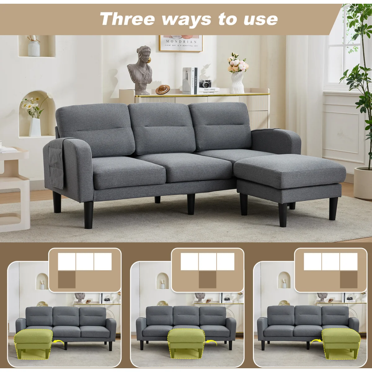 Grey Cotton and Linen L-Shaped Modular 3 Seater Sofa with Chaise Lounge and Side Storage Pockets - Grey – image 7