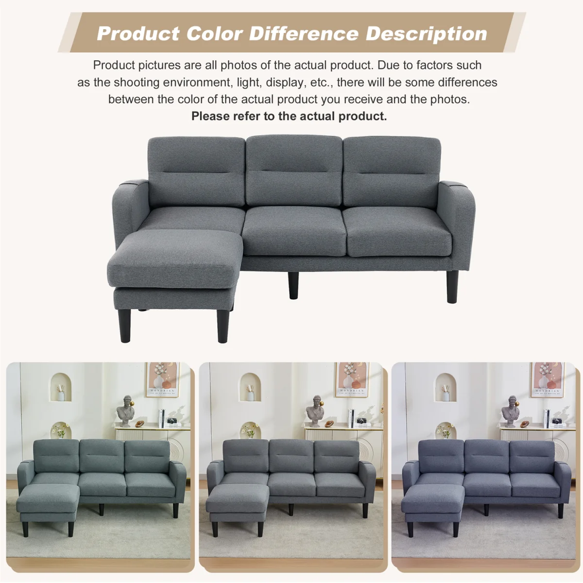 Grey Cotton and Linen L-Shaped Modular 3 Seater Sofa with Chaise Lounge and Side Storage Pockets - Grey – image 8