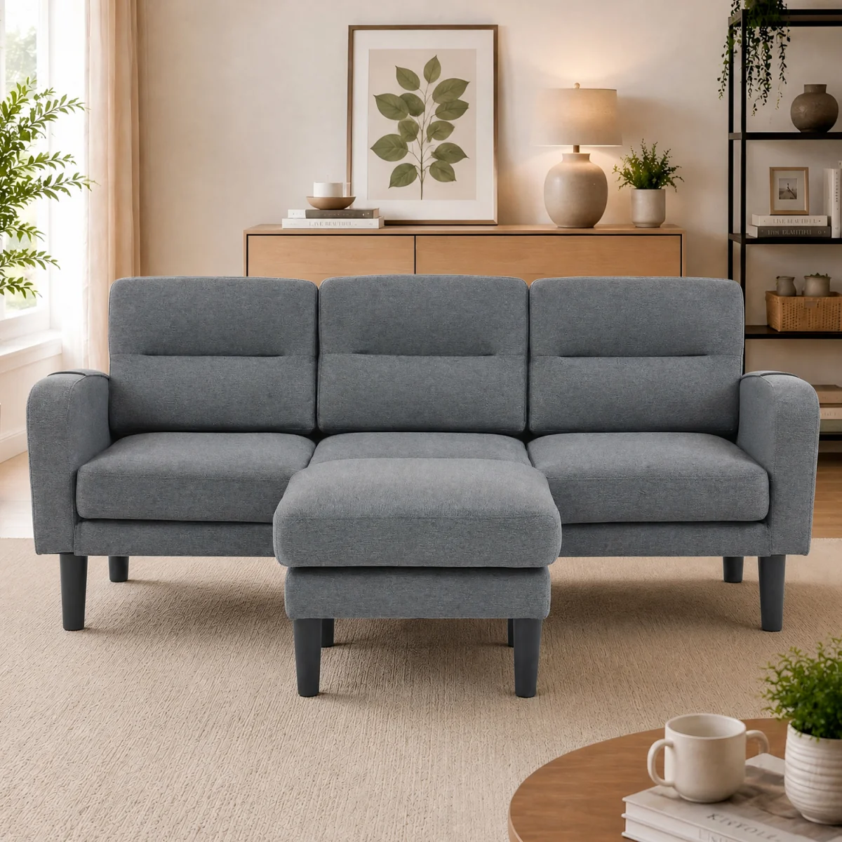 Grey Cotton and Linen L-Shaped Modular 3 Seater Sofa with Chaise Lounge and Side Storage Pockets - Grey – image 1