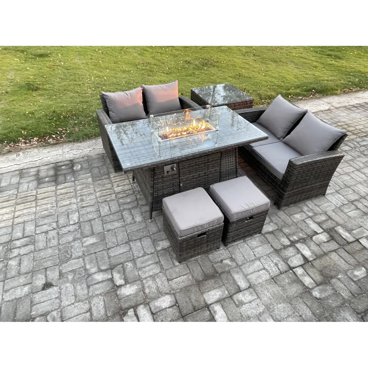 Fimous 6-Piece Poly Rattan Patio Dining Sofa Set with Gas Firepit and Side Table - Dark grey mixed rattan with dark grey fabric – image 3