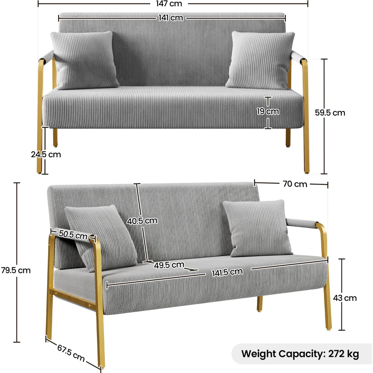 Yaheetech Corduroy 2-Seater Sofa with Gold Metal Frame - Light Grey – image 3