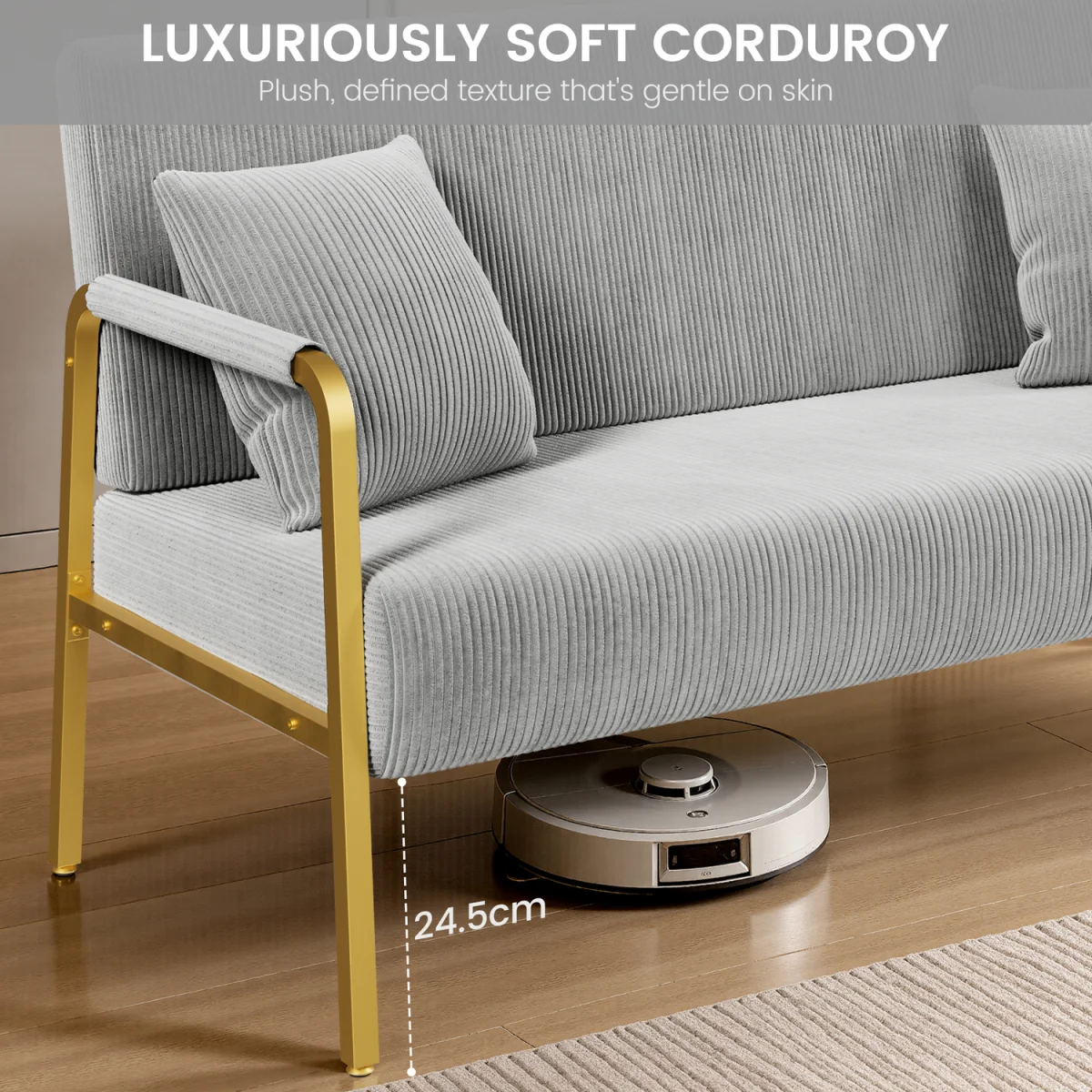 Yaheetech Corduroy 2-Seater Sofa with Gold Metal Frame - Light Grey – image 5