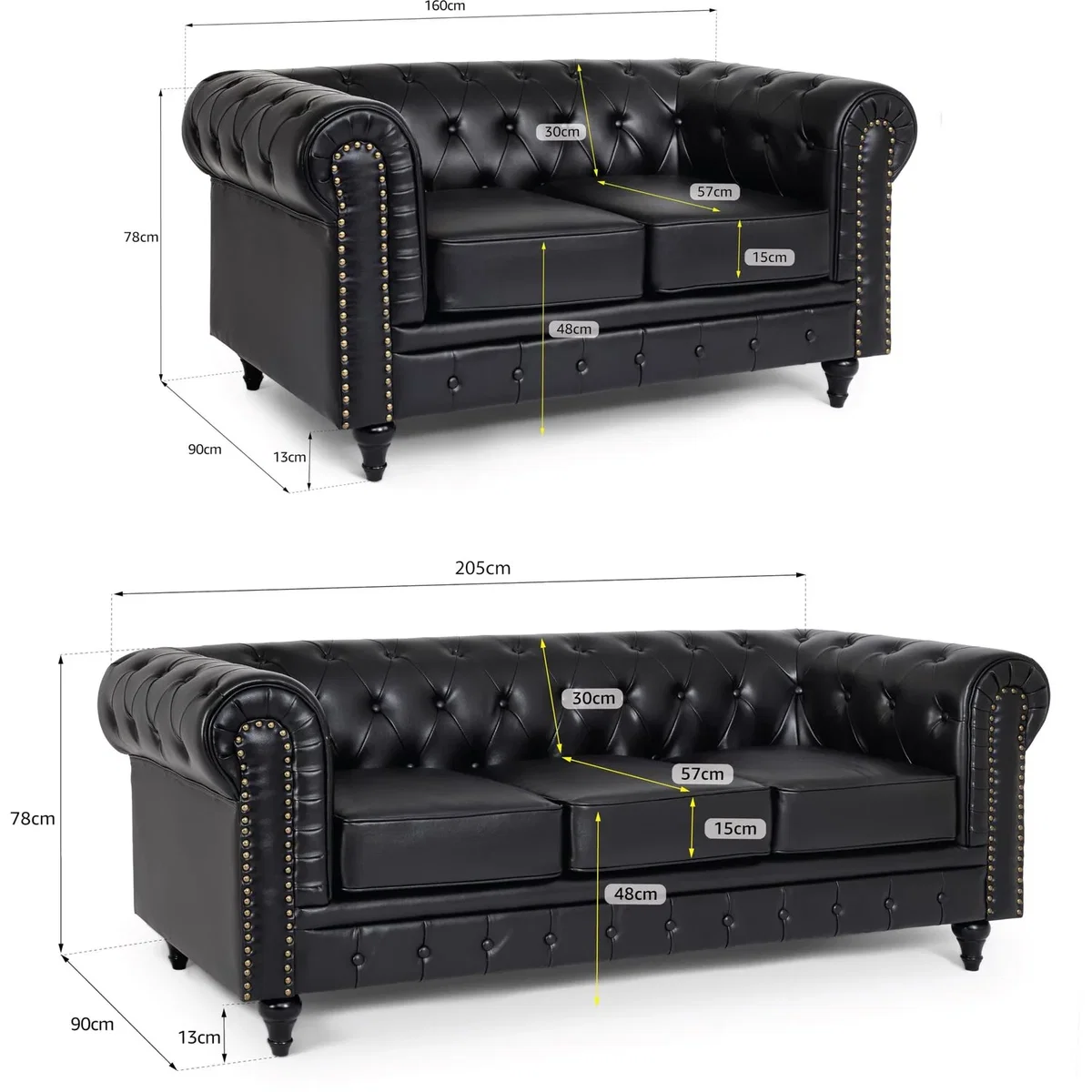 Chesterfield Scroll Arm Faux Leather Sofa - Black / 5 – image 2