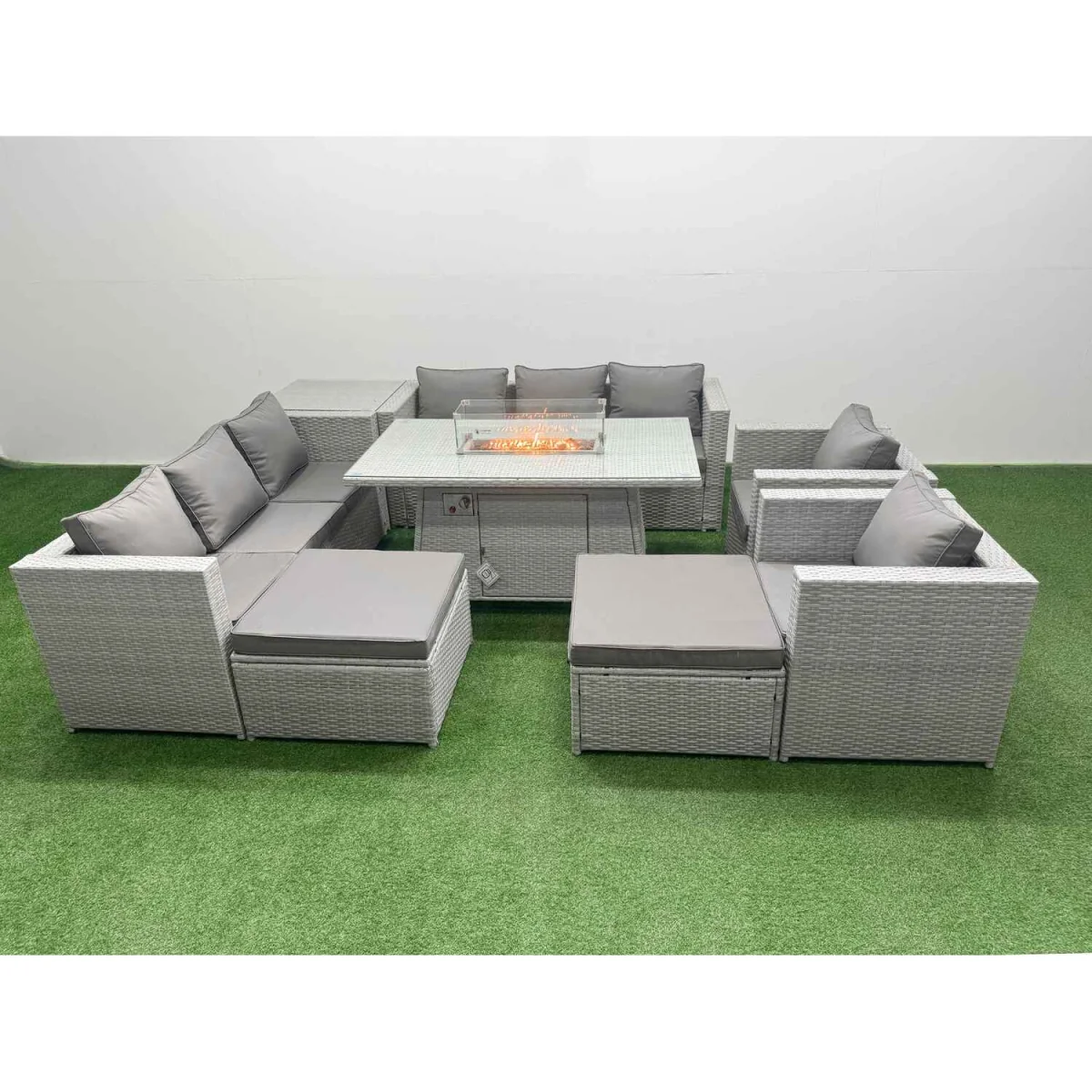 Fimous 10 Seat PE Rattan Lounge Sofa Set with Fire Pit Table Light Grey - Light Grey – image 4
