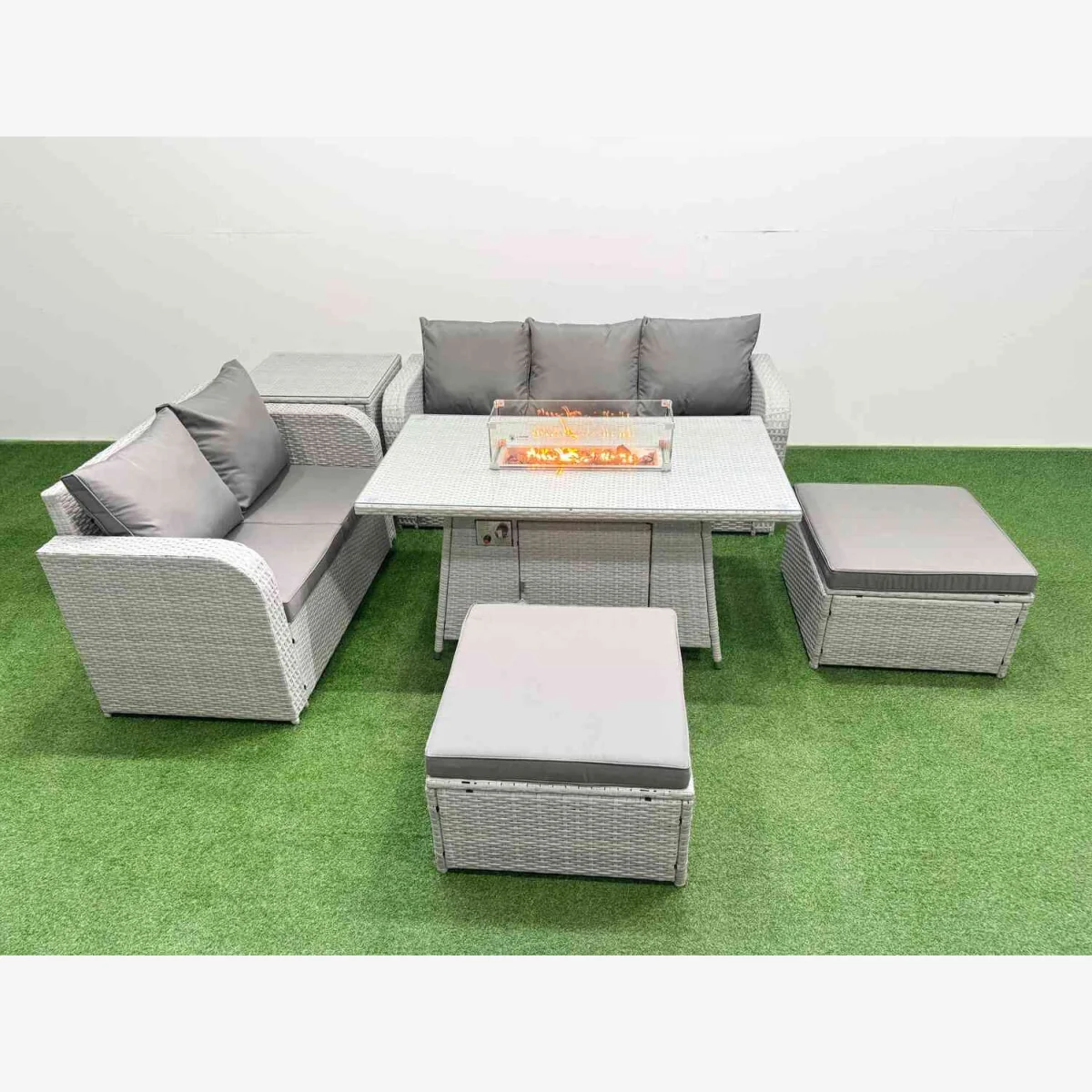 Fimous 7-Seater PE Rattan Wicker Patio Sofa Set with Firepit Table - Light Grey – image 1