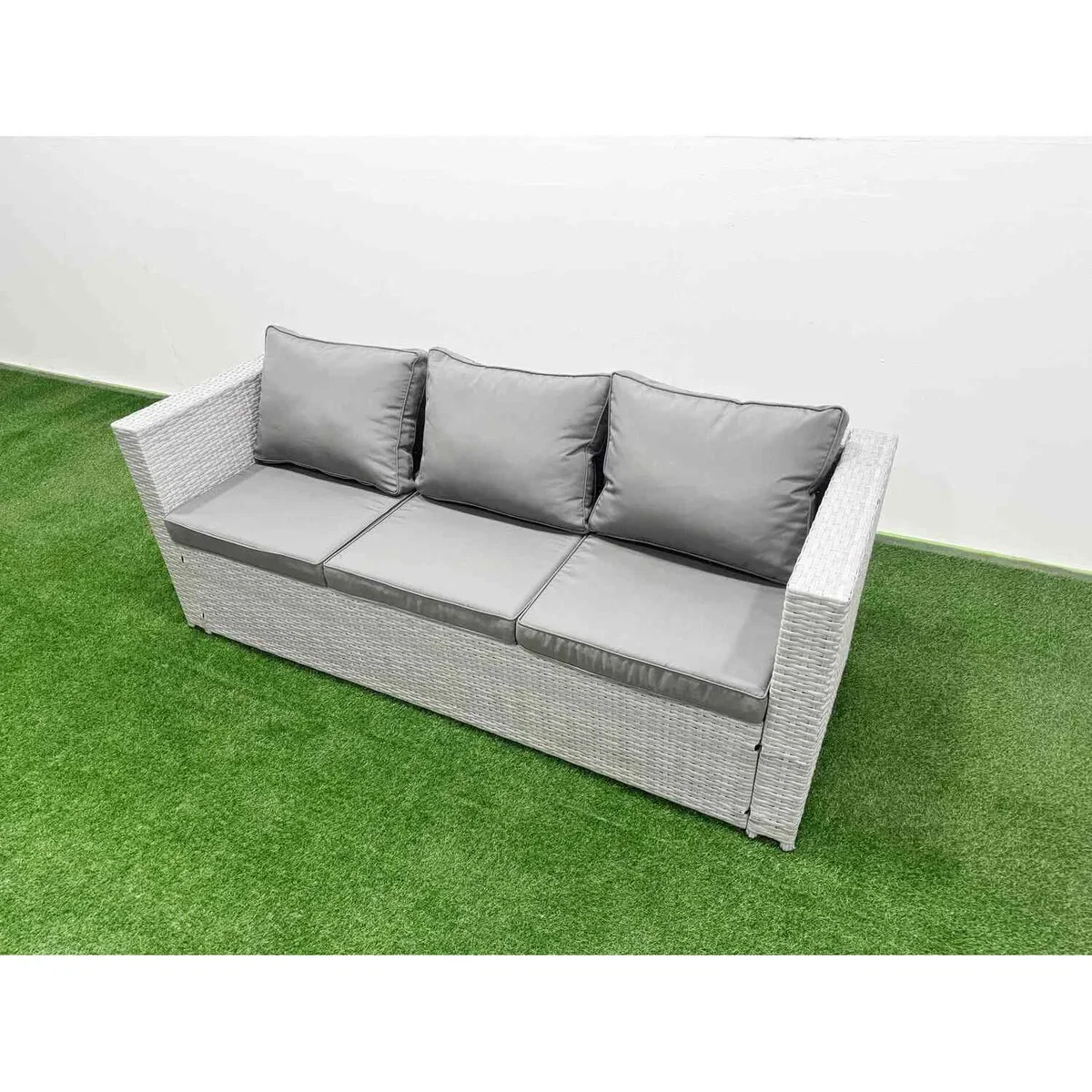 Fimous PE Rattan Lounge Sofa Set with Firepit Dining Table and 2 Side Tables, Light Grey. - Light Grey – image 3
