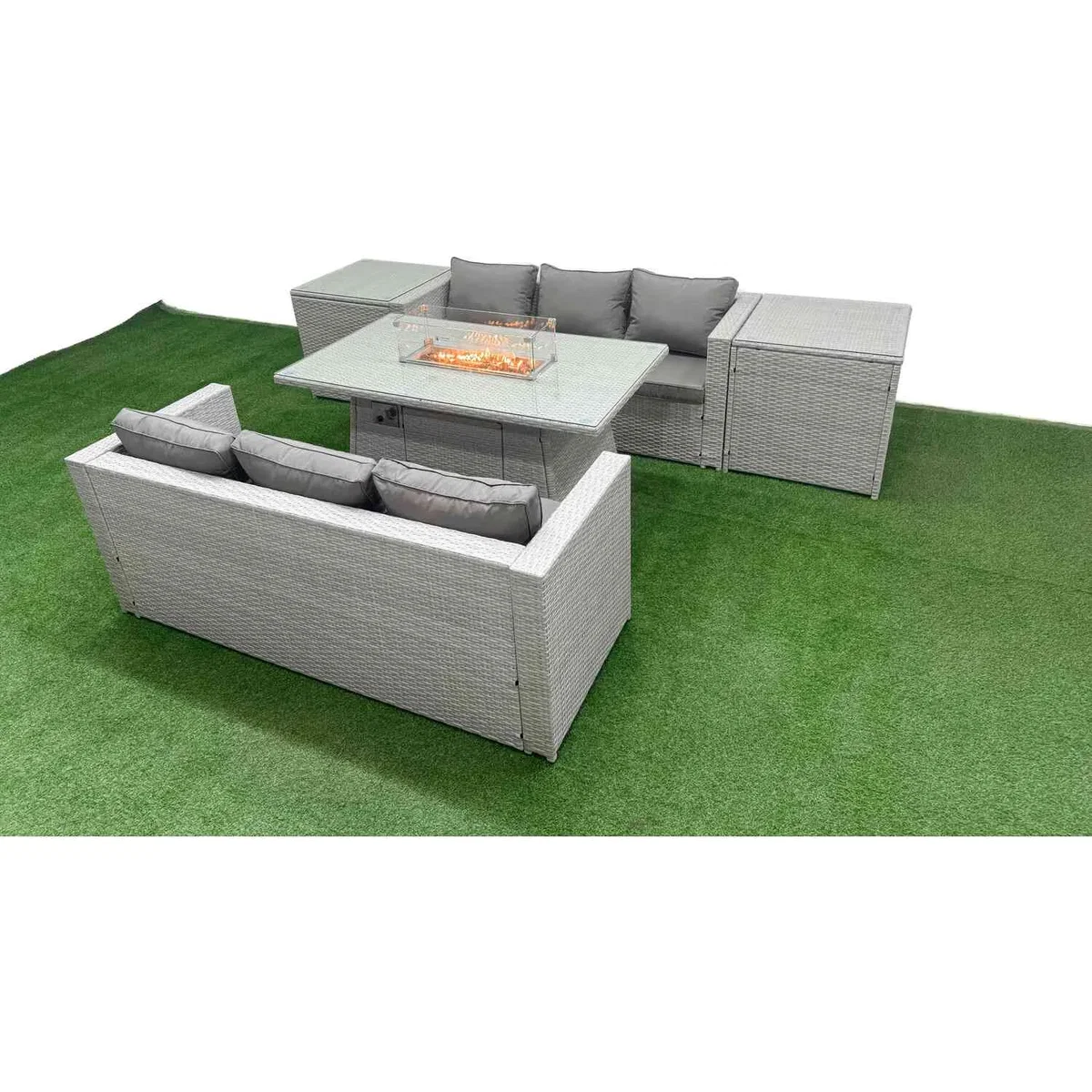 Fimous PE Rattan Lounge Sofa Set with Firepit Dining Table and 2 Side Tables, Light Grey. - Light Grey – image 4