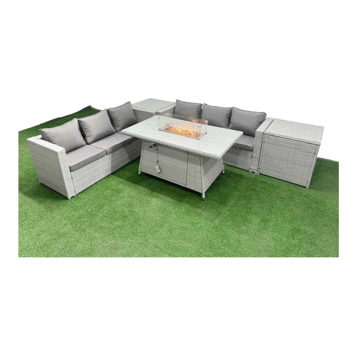 Fimous PE Rattan Lounge Sofa Set with Firepit Dining Table and 2 Side Tables, Light Grey. - Light Grey – image 1