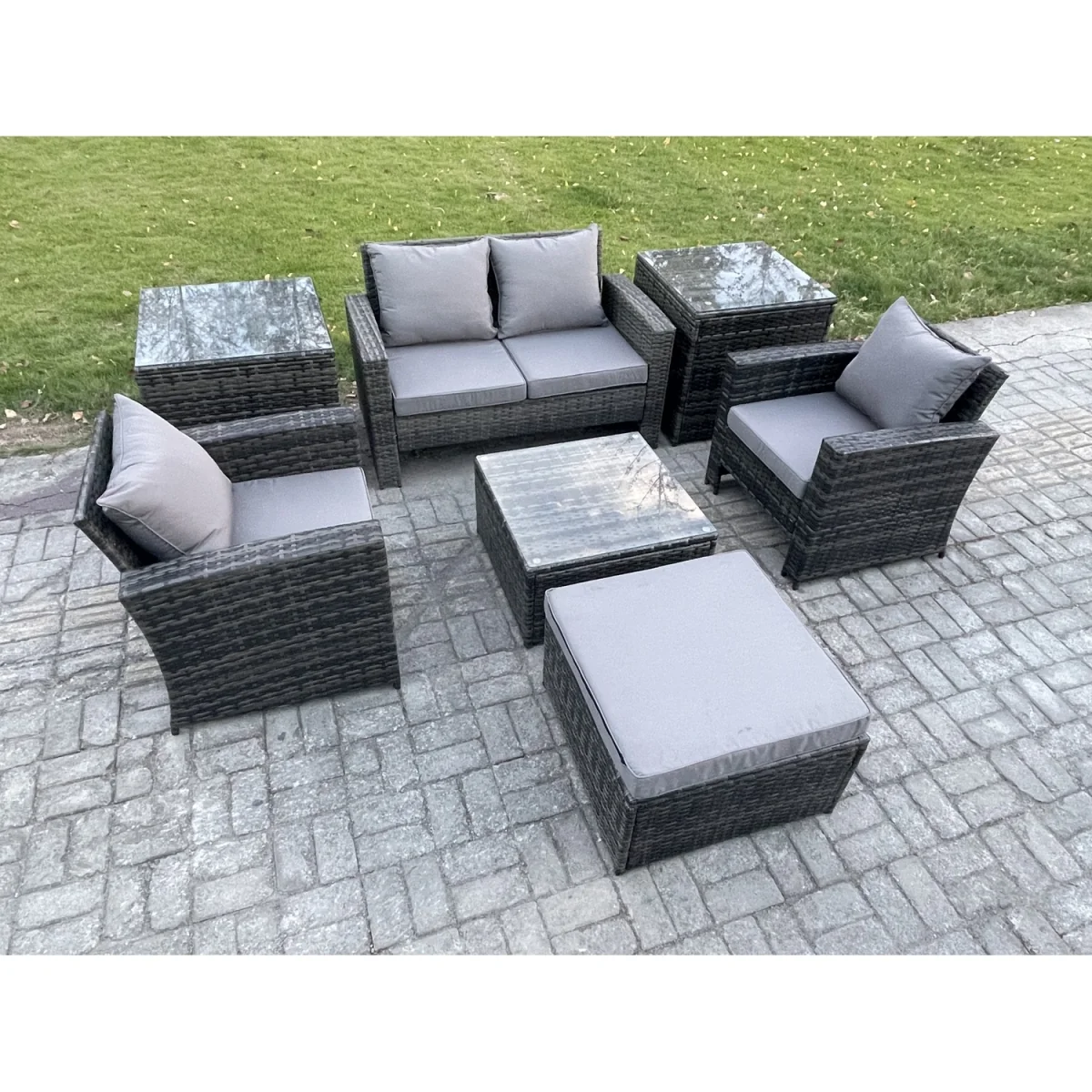 Fimous 5-Seater High-Back Rattan Sofa Set with Coffee Table and Footstool Dark Grey - Dark grey mixed rattan with dark grey fabric – image 2