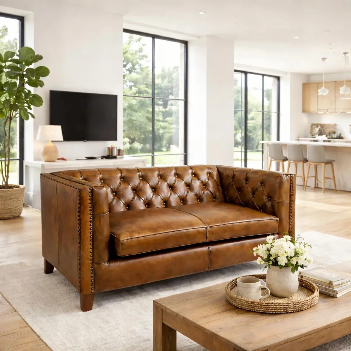 Compact Leather Chesterfield 2 Seater Sofa - Brown