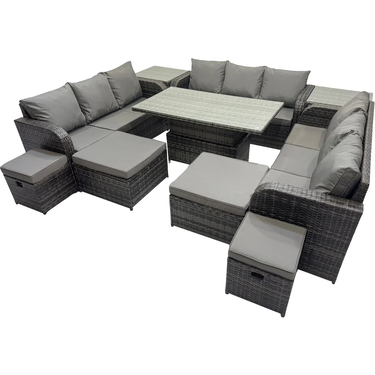 Fimous 13-Seater PE Rattan Patio Sofa Set with Height-Adjustable Rising Table and Side Tables. - Dark Grey Mixed rattan with dark grey fabric – image 5