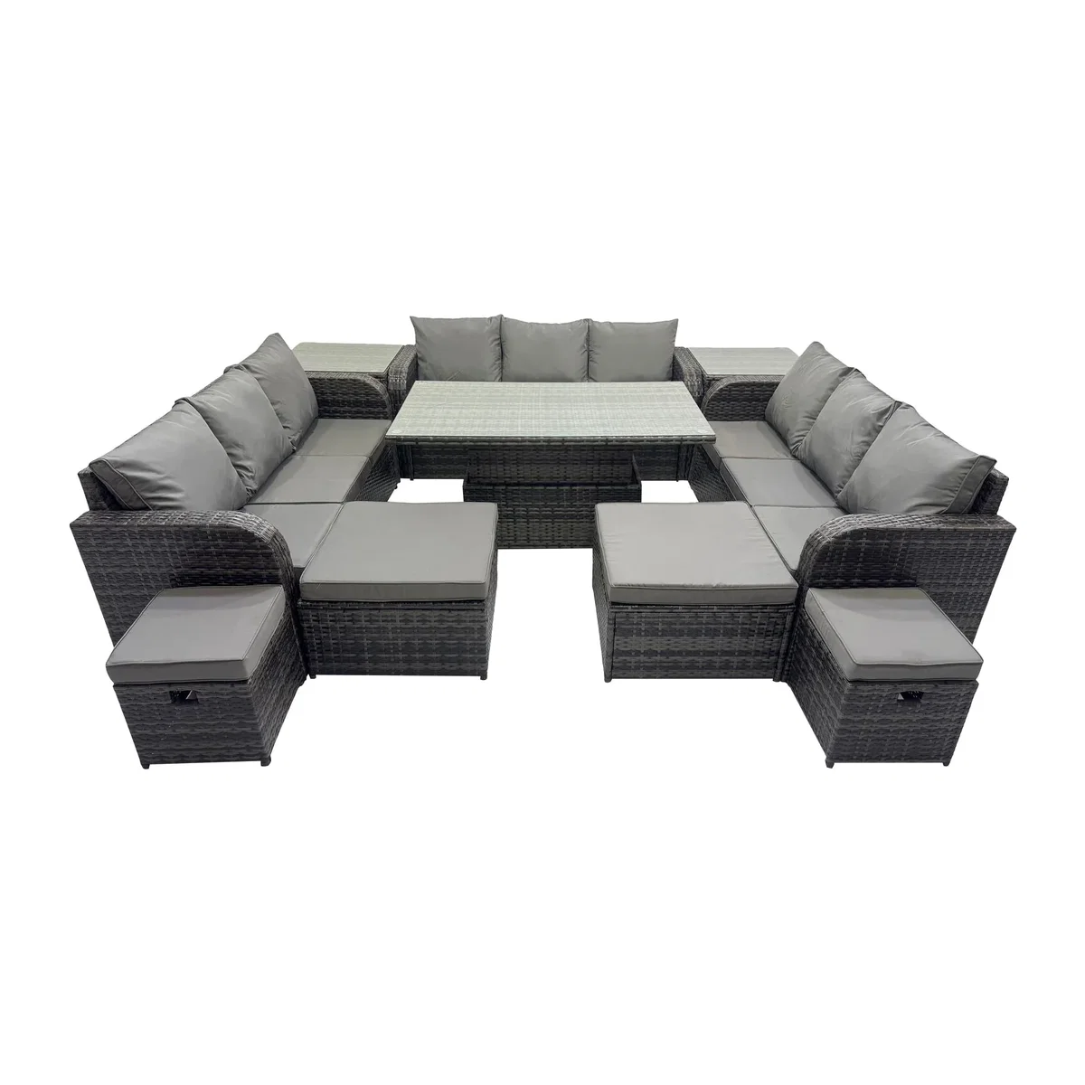 Fimous 13-Seater PE Rattan Patio Sofa Set with Height-Adjustable Rising Table and Side Tables. - Dark Grey Mixed rattan with dark grey fabric – image 1