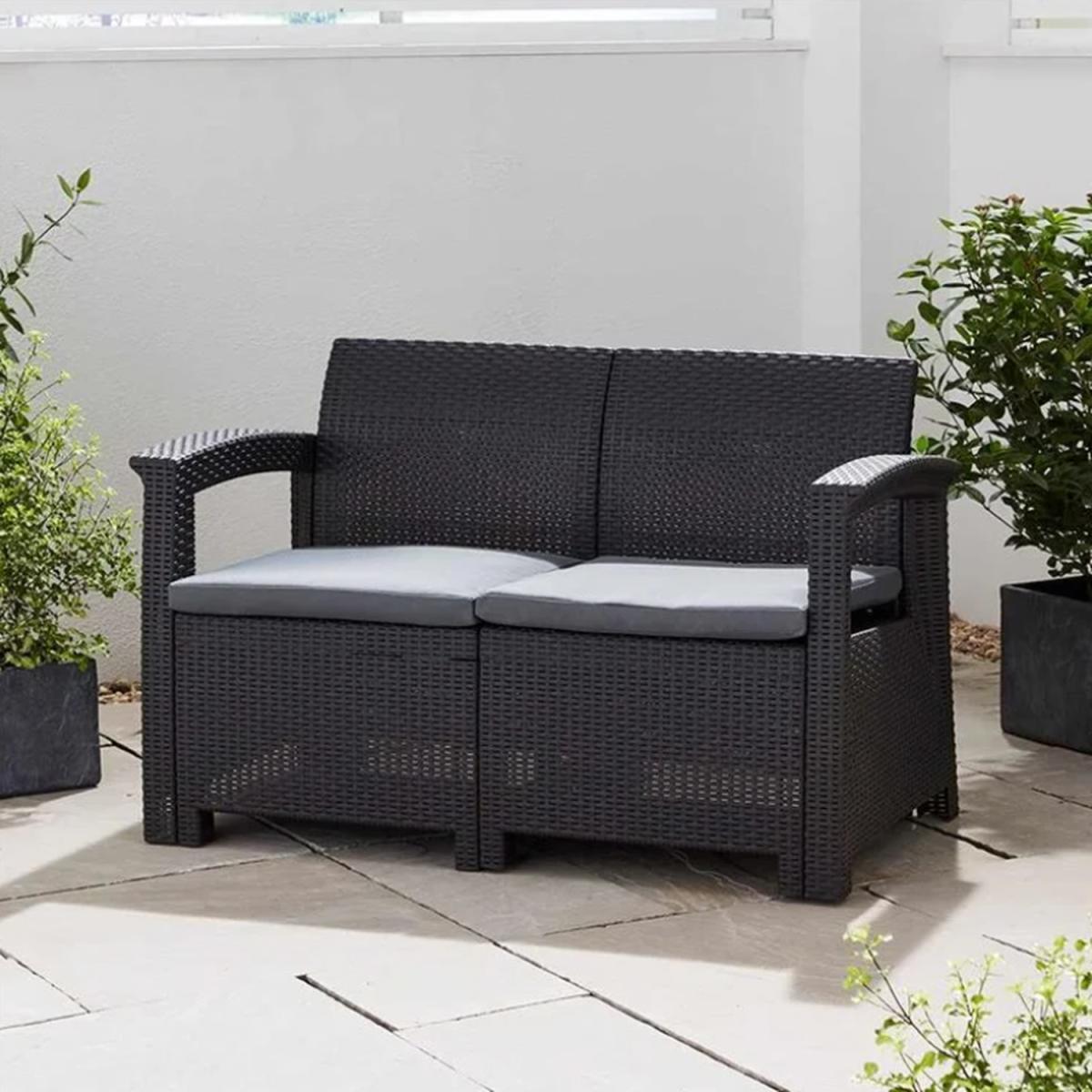 Rattan Effect 2-Seater Sofa with Cushions - Grey