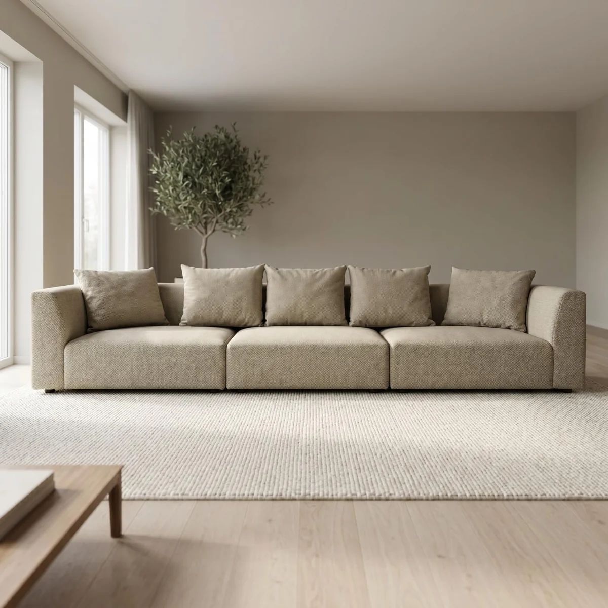 Tokyo 5 Seater Sofa in Soft Sand Basket Weave Fabric with Deep Seat - Warm Beige