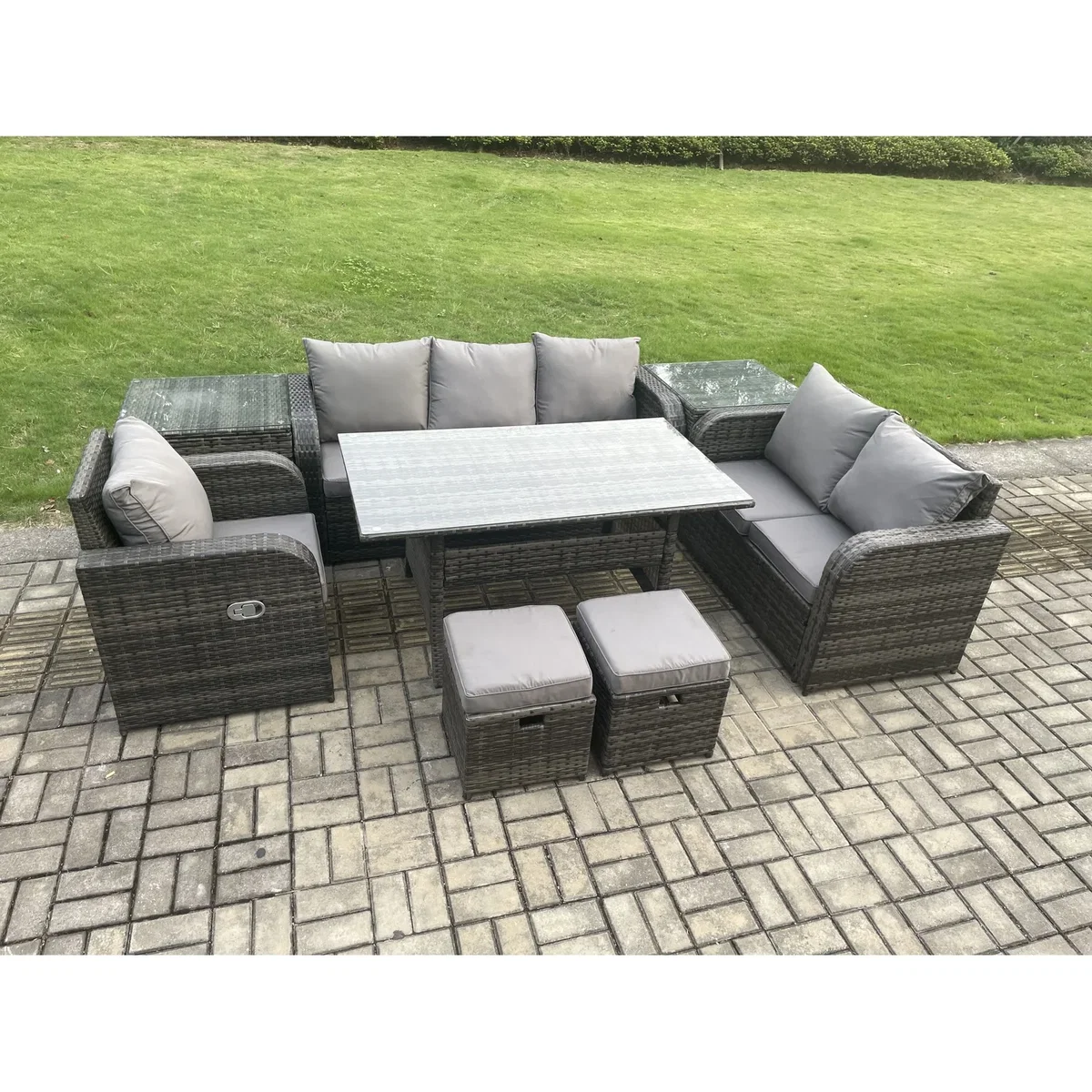Fimous 8-Seater Rattan Dining & Sofa Set with Reclining Chairs, Tempered Glass Table, Dark Grey. - Dark grey mixed rattan with dark grey fabric – image 4