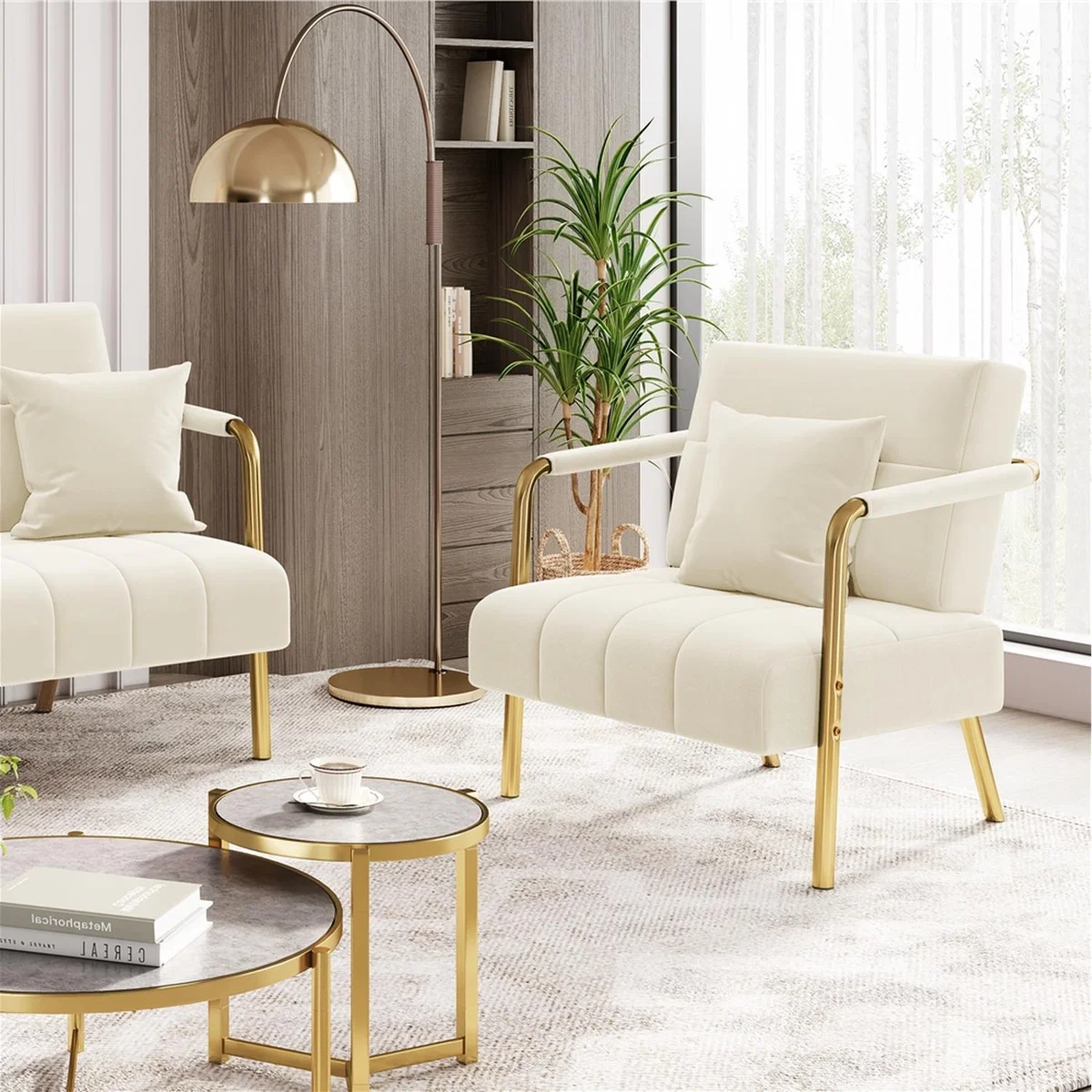 Yaheetech 2 Seater Sofa and Armchair with Gold Metal Frame - Beige / 72.5in