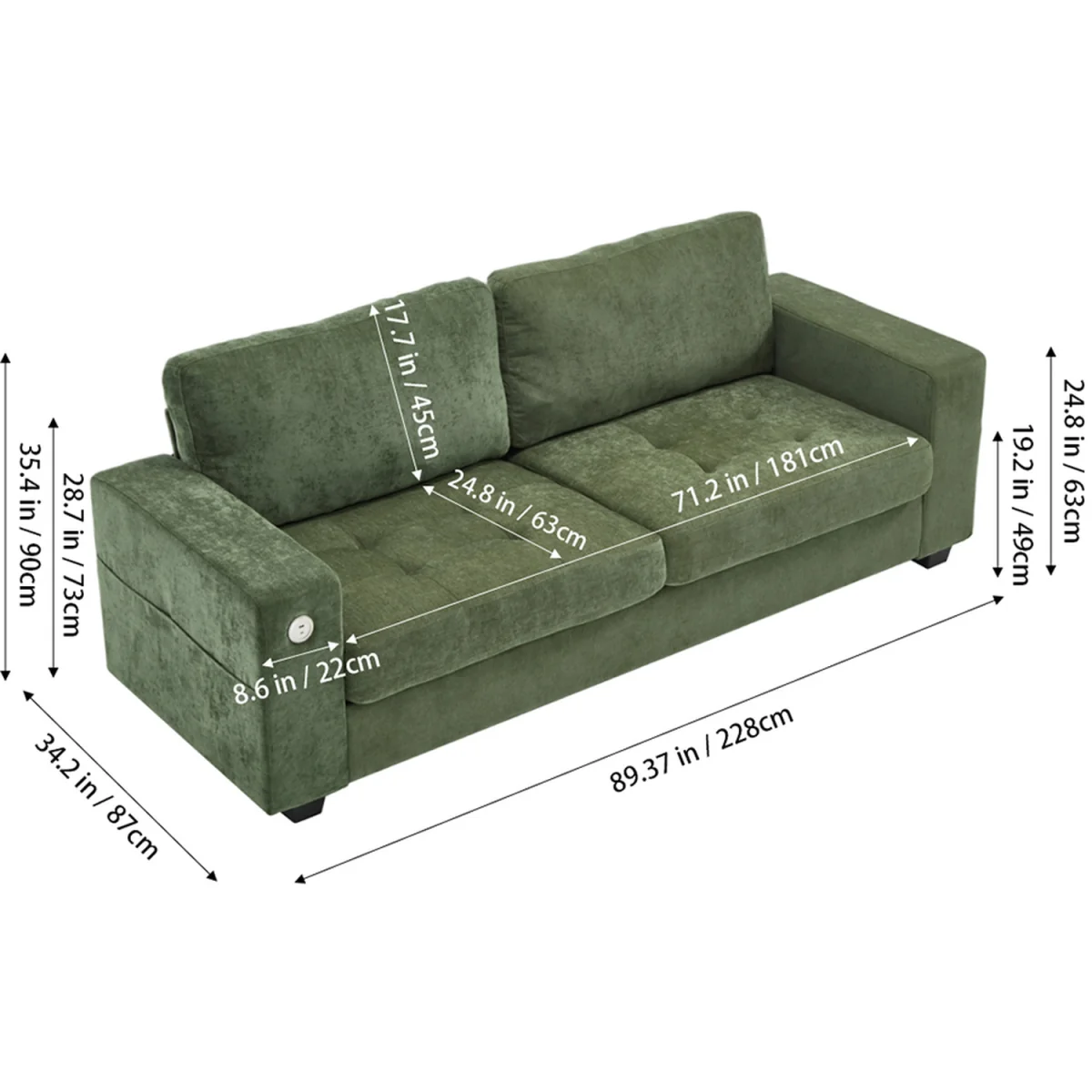 Modern Chenille Sofa with Built in Power Outlet - Green – image 3