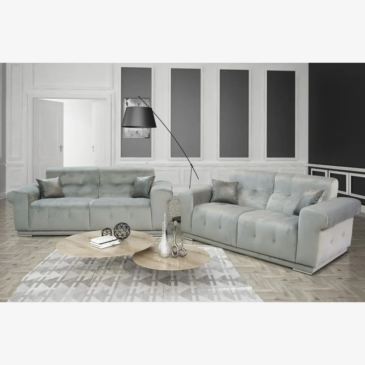 Luna Plush Grey 3 and 2 Sofa Set - Grey