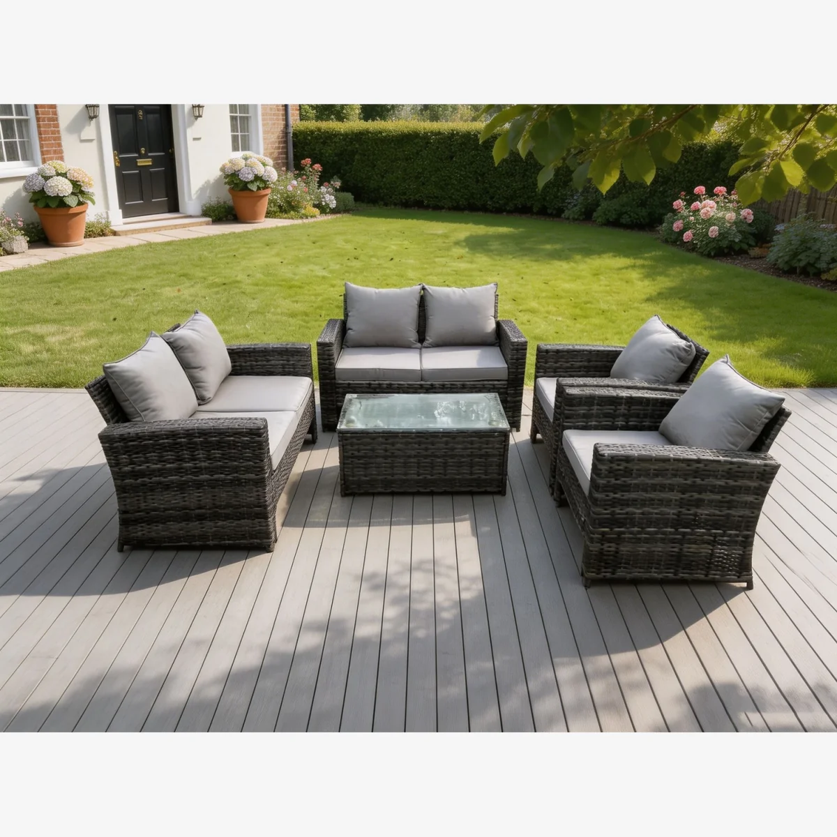Fimous 6-Seater Rattan High-Back Sofa Set - Dark Grey Mixed