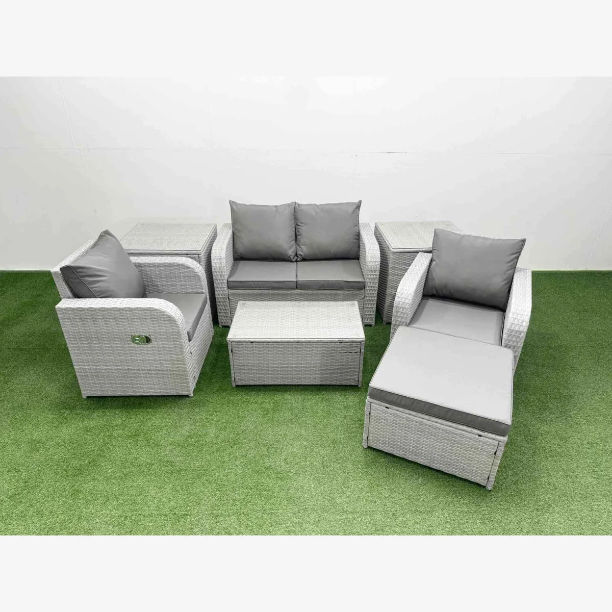 Fimous Light Grey 5-Seater PE Rattan Sofa Set with Recliners & Footstool - Light grey rattan with dark grey fabric – image 1
