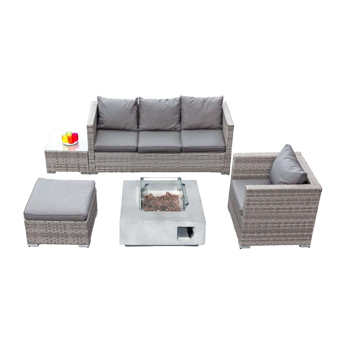 Acorn Rattan 5 Seat Lounge Sofa Set with GRC Firepit - Dove Grey Cushions