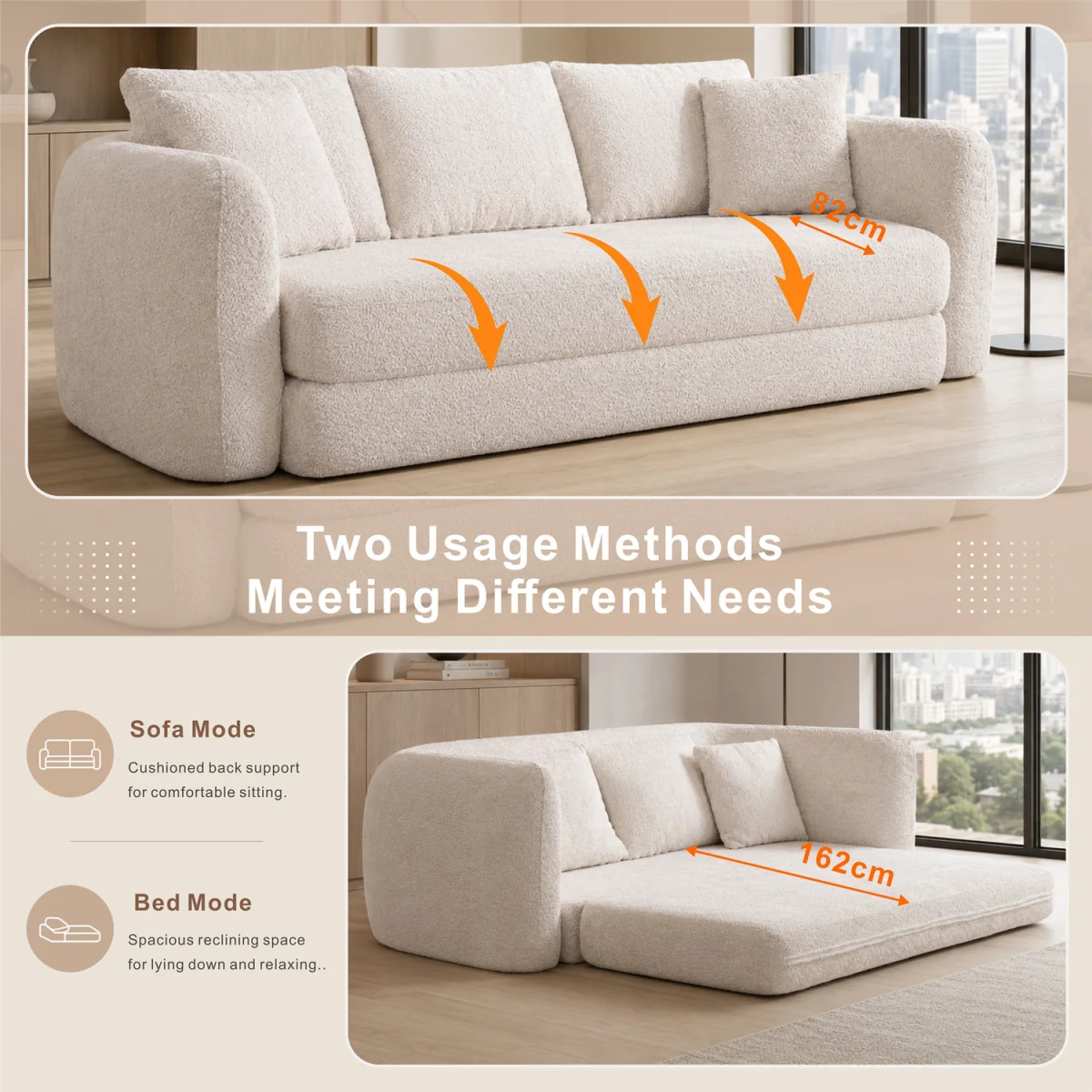 MIMO Indoor Pull-Out Loveseat Sofa Bed with Lamb Fleece Fabric, 30D Foam - Beige – image 3