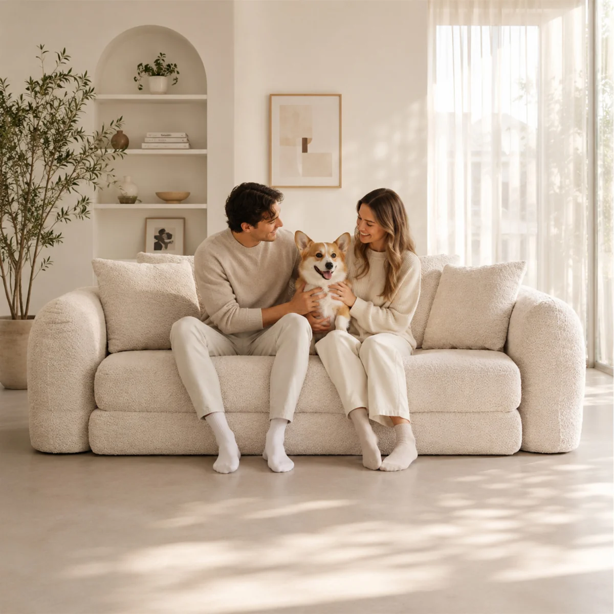 MIMO Indoor Pull-Out Loveseat Sofa Bed with Lamb Fleece Fabric, 30D Foam - Beige – image 6